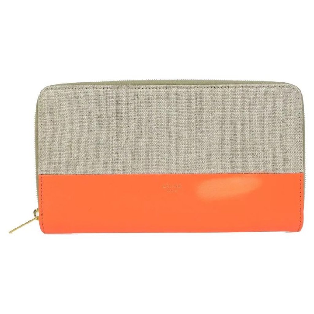 Celine Long Wallet Round Zipper Orange Beige Leather Linen 09 Bs057
